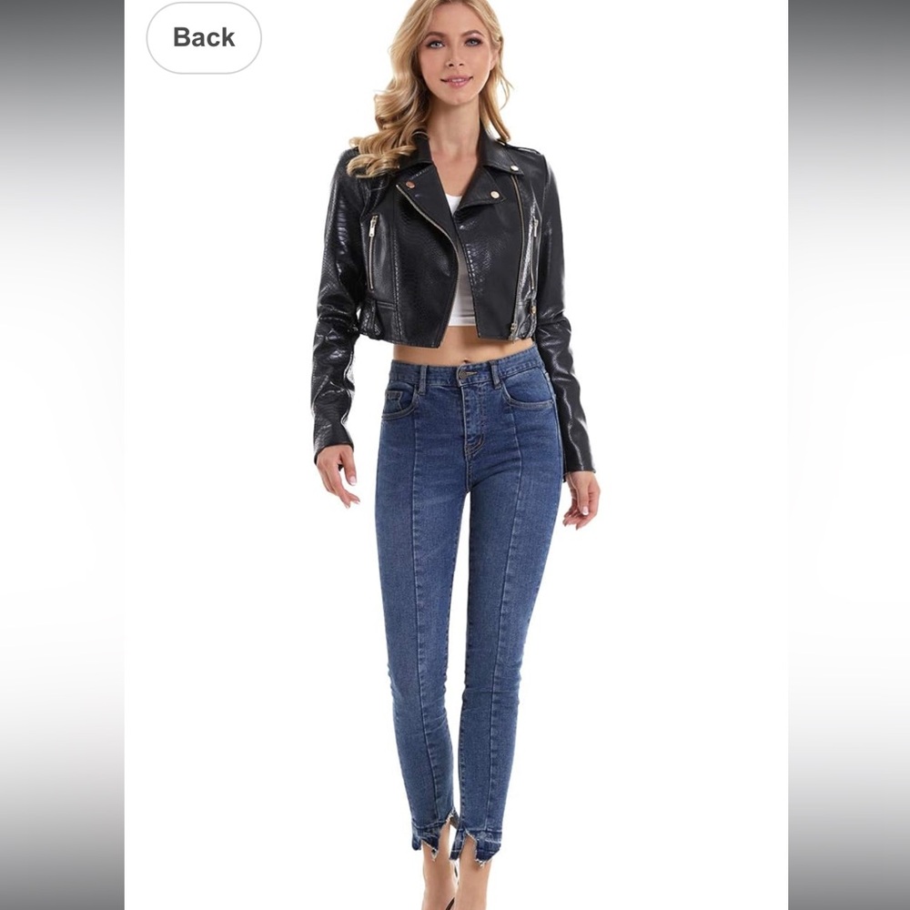 Diashiny Black Cropped Croc-Embossed Women's‎ Motor Biker Jacket- Size Small